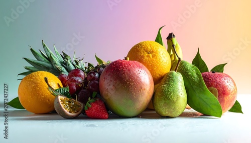 A vibrant still life of assorted colorful fruits on a white surface