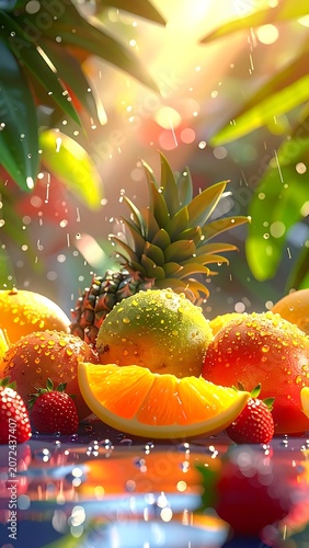 A vibrant still life of fresh fruits on a reflective surface (5)