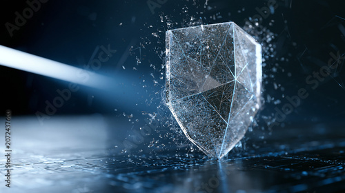 Transparent Crystal Shield Standing on Wet Surface with Water Splash