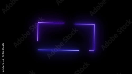 Neon Rectangle doodle animation,Rectangle neon frame glows with vibrant purple light against a dark.