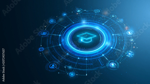 Online Learning Concept with Glowing Graduation Cap and Technology Icons