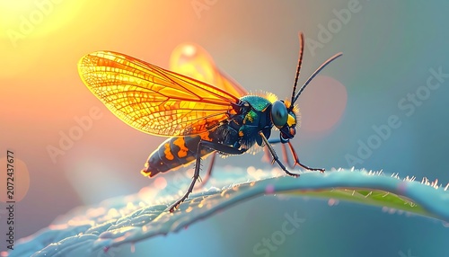A wasp on a leaf with a colorful background