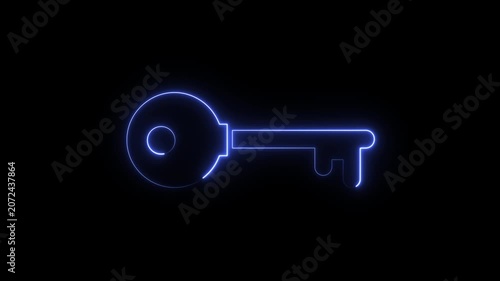 Neon key icon animation, Key icon shines in blue neon light to represent security and access.