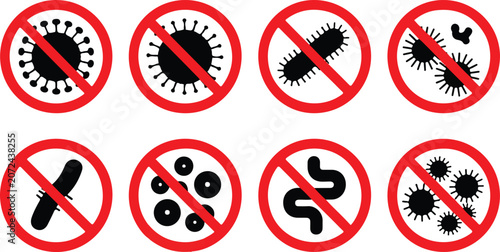 Φωτογραφία Virus and bacteria prohibition signs set featuring warning icons against pathogens germs microbes and harmful microorganisms