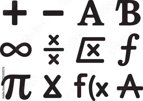 Принти на полотні Mathematical symbols set featuring basic operations plus sign minus sign infinity symbol integration and function lettering