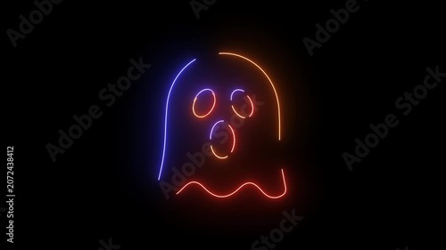 Neon Ghost Doodle Icon Animation | Glowing Halloween Character Motion Graphic, Ghost shape glows with a vibrant orange and blue light on black surface.