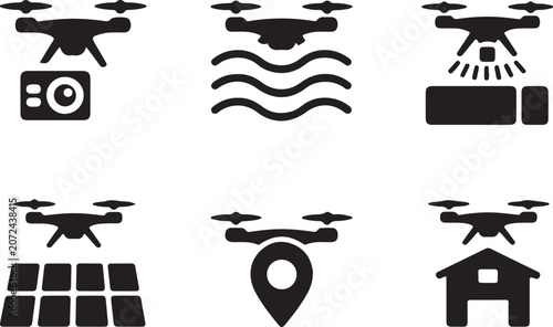 Cuadro en lienzo Unmanned aerial vehicle set showing drone technology monitoring farming navigation delivery land mapping or surveillance equipment