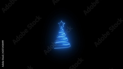 Neon Christmas Tree Animation | Glowing Holiday Tree Motion Graphic, Christmas tree glows with a blue neon light on a dark black background.