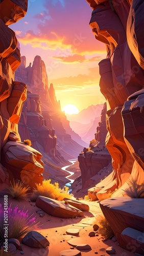 Vibrant canyon landscape at sunset with rocky formations