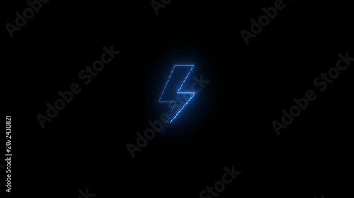 Glowing Neon Lightning Bolt Animation | Electric Energy Icon, Lightning bolt symbol shines in a vibrant blue neon glow on black surface.
