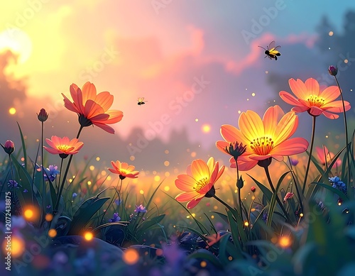 Vibrant flowers bloom in a serene field at sunset