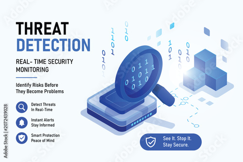 Real-Time Security Monitoring Concept with Magnifying Glass and Digital Elements for Threat Detection