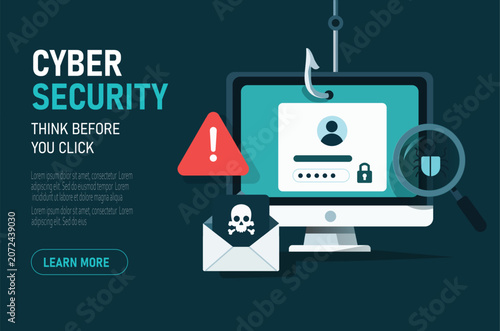 Cyber Security Concept with Computer Screen, Phishing Hook, and Security Icons Highlighting Online Threats