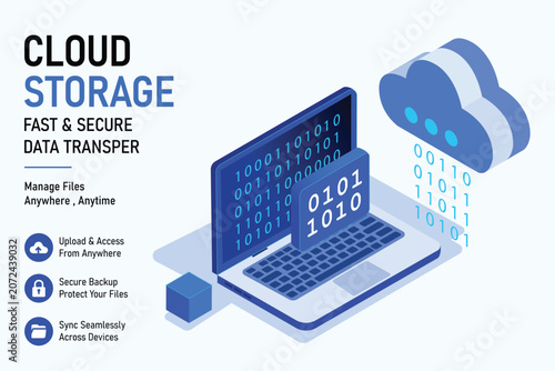 Cloud Storage Concept with Laptop and Binary Code for Fast and Secure Data Transfer Illustration