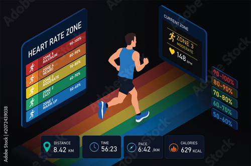 Digital Illustration of a Man Running on a Treadmill with Heart Rate and Fitness Data Displayed on Screens