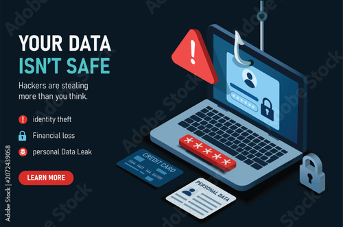 Cybersecurity Threat Concept with Laptop and Warning Icons Highlighting Data Theft and Online Security Risks
