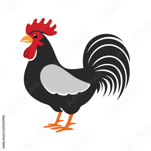 Black and white rooster flat vector illustration