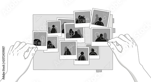 Hands arranging a collection of polaroid style photographs on a flat surface.