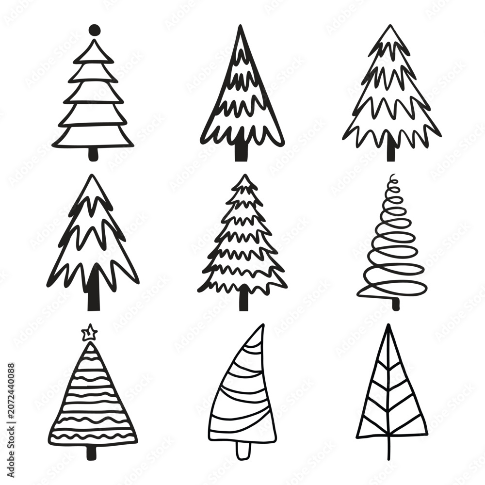 Obraz premium Christmas Celebration and Winter Season Nature Vector Icon Collection featuring hand drawn christmas tree and doodle pine fir tree symbols.
