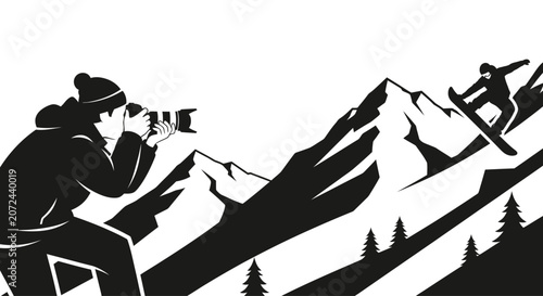 A photographer capturing a snowboarder jumping over a mountain peak in a creative silhouette illustration.