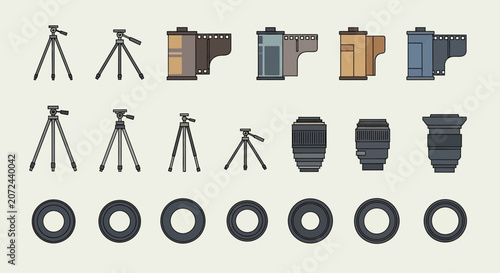 A collection of professional photography equipment including tripods, camera lenses, and film rolls.