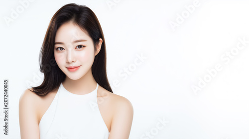 Young woman poses with a smile against a plain white background during a studio photoshoot