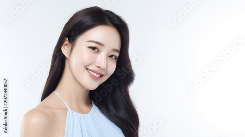 Woman smiles and poses against a plain white background during a studio photoshoot with bright lighting in the afternoon