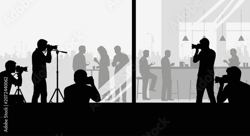 Silhouettes of multiple photographers capturing images of people in a social setting.