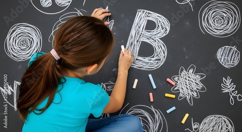 Young girl drawing the letter b and abstract shapes with colorful chalk on a blackboard