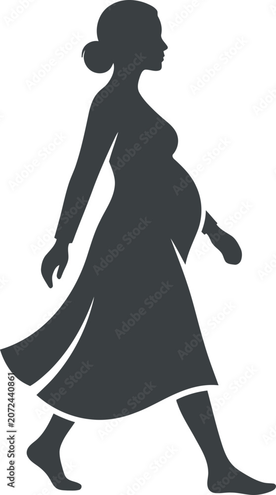 Fototapeta premium Elegant silhouette of a pregnant woman walking gracefully in a simple dress for maternity design