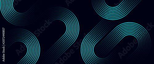 Abstract dark background with glowing cyan blue curved lines. Modern neon geometric wave pattern. Futuristic tech digital graphic element for banner, poster, and wallpaper.