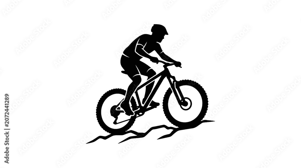 Obraz premium Mountain Biker Riding Trail Silhouette Vector Icon for Outdoor Adventure and Cycling Sport