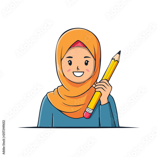 Smiling woman in hijab holding a pencil, flat vector illustration