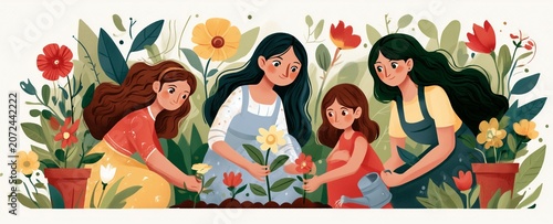 Mothers and Daughters Planting Flowers Together Celebrating Mother's Day, Global Citizenship and Sustainable Future