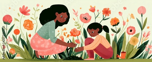 Mothers and Daughters Planting Flowers Together Celebrating Mother's Day, Global Citizenship and Sustainable Future