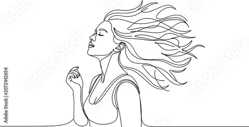 Quadro su tela Minimalist line art of a woman with windblown hair, serene expression, single st
