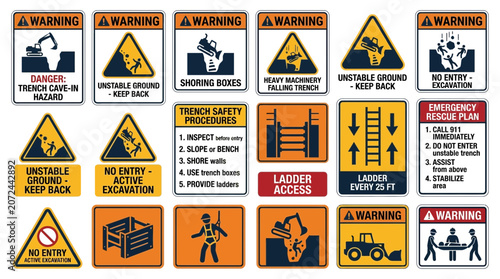 Comprehensive Set of Construction Trench Safety Signs and Excavation Hazard Warning Icons
