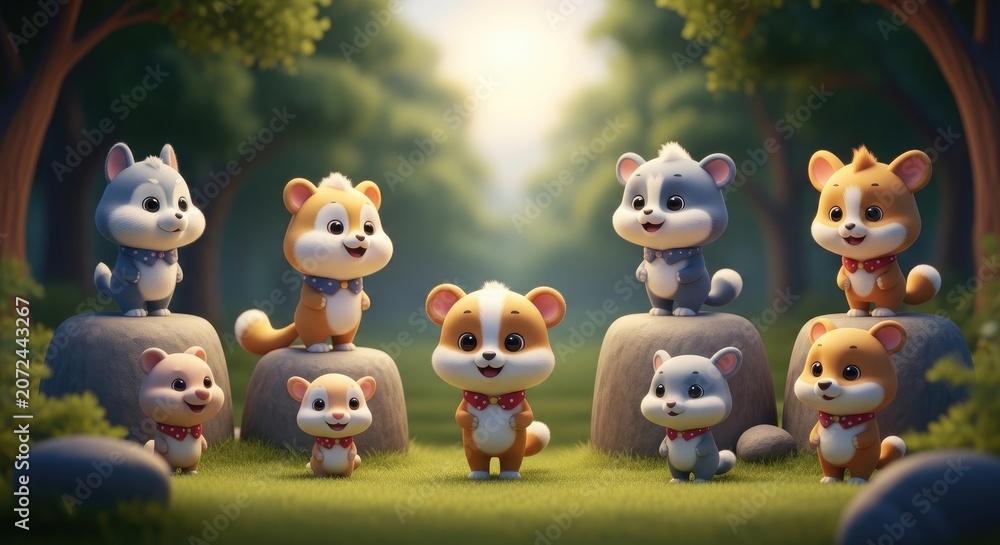 Naklejka premium Adorable Cartoon Animals Gathering in a Lush Forest Environment.
