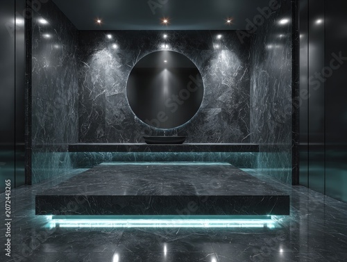 Modern luxury bathroom with marble finishes and blue ambient lighting.