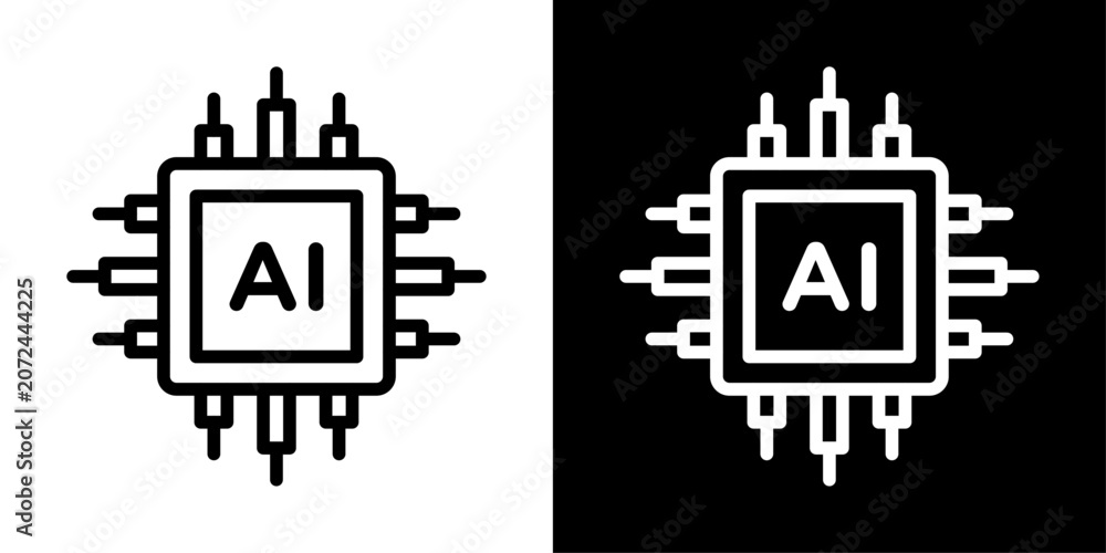 Obraz premium Modern AI processor icon featuring a smart microchip design for artificial intelligence, machine learning, computing, automation, and technology.