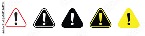 Vector icon set in image_05de5d.png showcasing five distinct graphic styles of triangular warning symbols with exclamation marks for hazard alerts.