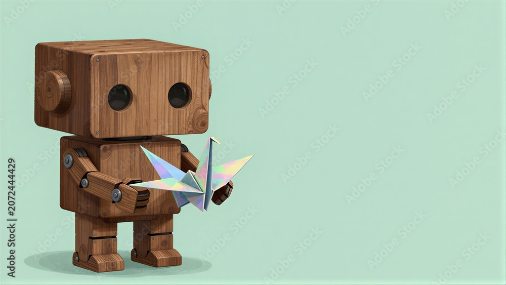 Fototapeta premium Wooden robot holds colorful origami bird against soft mint background.