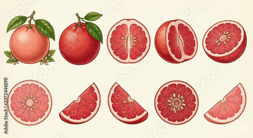 Blood Orange Grapefruit Citrus Fruit Botanical Illustration Set with Whole Fruit and Sliced Sections