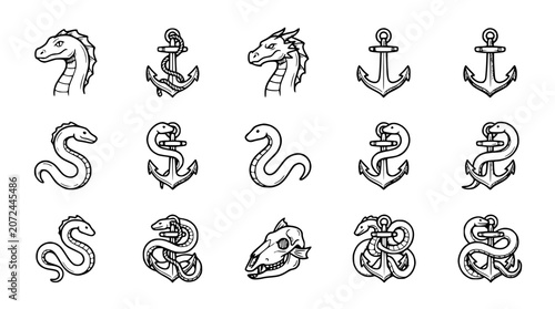 Tableau sur toile Mythical Dragon, Sea Serpent, and Anchor Icons: Hand-Drawn Sketch Collection