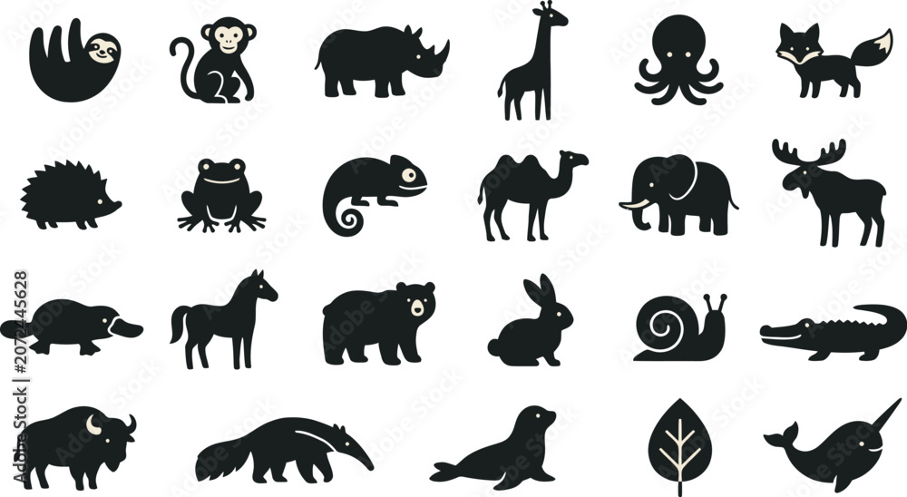 Obraz premium Animals are displayed as a collection of black silhouettes arranged in a grid for versatile design use.