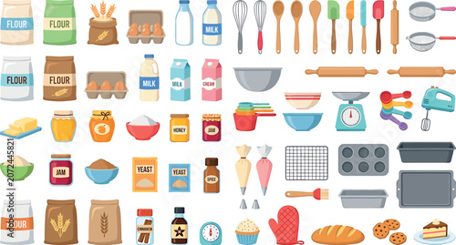 Ultimate home baking ingredients and kitchen cooking utensils flat vector icon set for recipe culinary website menu design