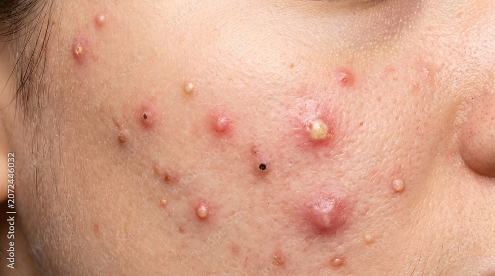 Fototapeta premium Multiple Acne Progression Stages and Inflammation Levels on Cheek Skin Close Up