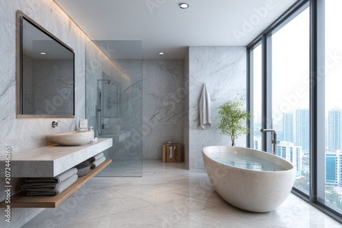Modern bathroom with soaking tub and city view features marble finishes.