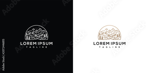 Minimalist Mountain Landscape Line Art Logo Design Template for Outdoor Adventure Brands