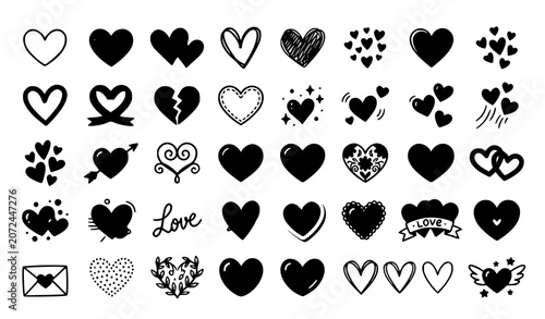 Quadro su tela Minimal Doodle Heart Vector Icons Set with Cute Hand Drawn Love Symbols for Vale